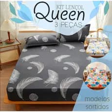 Kit Jogo de Lençol Queen 3 Peças com Elástico 1,98 m x 1,58 m x 0,3 m Altura Estampas Sortidas