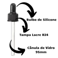 Conta Gotas Rosca R24, Cânula 95mm, Bulbo E Tampa Preta ou Branca - 20 Unidades