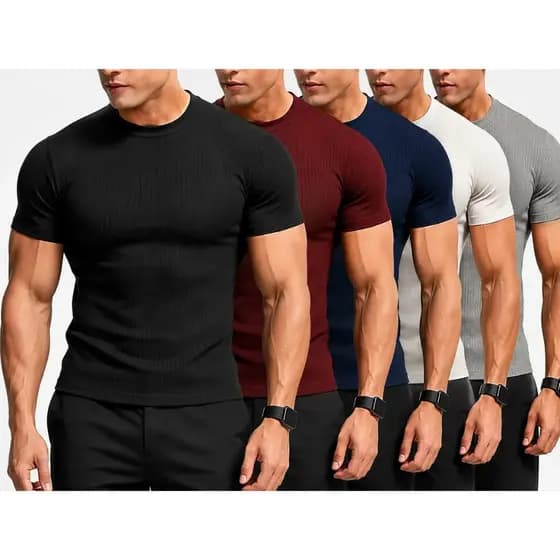 Kit 5 Camisa Masculina Malha Canelada Manga Curta Slim