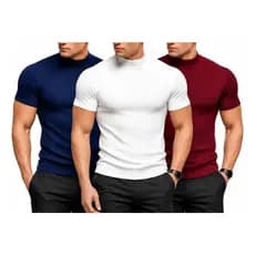 Kit 3 Camiseta Masculina Slim Canelada Gola Alta Manga Curta
