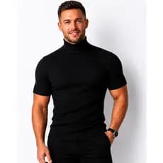 Camiseta Masculina Canelada Gola Alta Manga Curta Slim