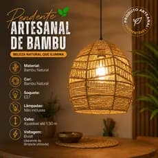 Luminária Pendente Bambu Natural Cúpula 30 cm Palha Trançada