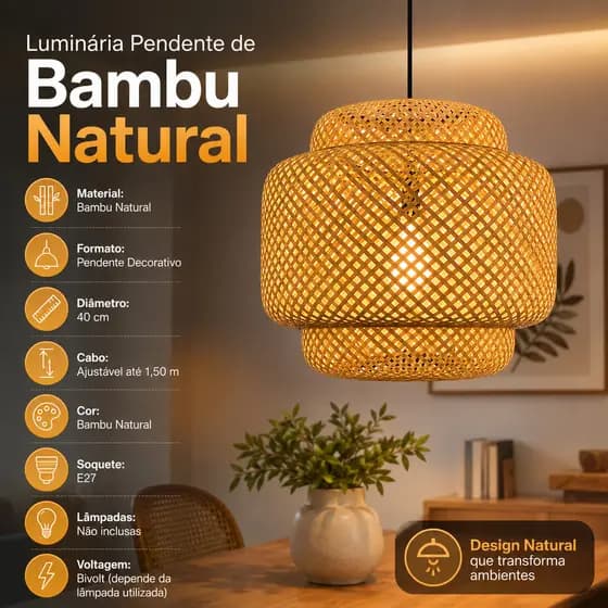 Luminária Pendente Bambu Natural 40 cm Palha Trançada