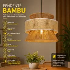 Luminária Pendente bambu Natural 51cm Palha Trançada