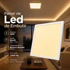 Painel Plafon de Led Embutir 48w Quadrado 62cm Luz Quente