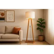 Luminária de Piso Moderna Abajur Chão Madeira Com Cúpula Tecido Off White Para Sala Escritório