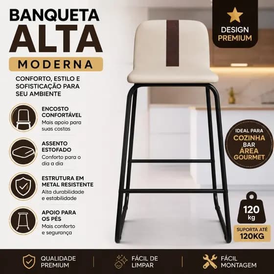 Banqueta Alta Elite Cozinha Estofada Com Encosto Metal Preto Moderna Bar Gourmet Luxo