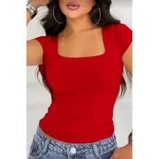 Blusa Feminina Manga Curta Gola Baby Look Quadrada Decote Quadrado Moda Casual Versátil Blogueira 2025