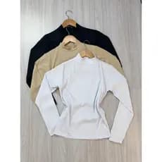kit 3 Cacharrel Manga Longa Canelado Collant Gola Alta Blusa PRETO-BRANCO-BEGE