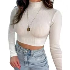 Cropped Feminino Manga Longa Estilo Canelado Gola Alta