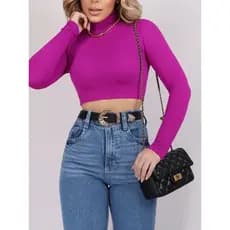 Cropped Feminino Manga Longa Estilo Canelado Gola Alta
