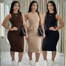 kit 3 Peças Vestido Basico Vestido maxi feminino casual sem mangas com gola redonda e modelagem justa em malha canelada