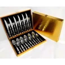 Kit Conjunto Faqueiro Talheres Em Inox Detalhe Em Dourado 24 Peças Com Maleta