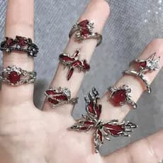 Anel Geométrico Irregular Vermelho Cristal Cristalino Para Mulheres Aberto Punk Preto Brilhante Zircon Vintage Y2K Jóias