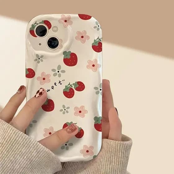 Flor Morango Padrão Creme Ondulado Borda Básica Caso De Telefone Para IPhone 17 Pro Max 16 15 14 13 12 11 16E 17E Capa