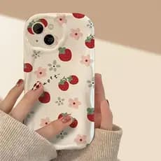Flor Morango Padrão Creme Ondulado Borda Básica Caso De Telefone Para IPhone 17 Pro Max 16 15 14 13 12 11 16E 17E Capa