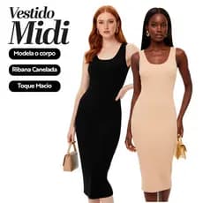 Kit 2 Vestidos Midi Femininos Ribana Canelada Inverno Elegante Confortável Versátil Estilo Casual