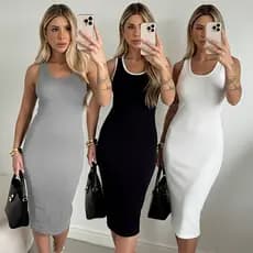 Kit 3 Vestidos Midi Feminino Canelado Premium Casual Básico