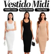 Kit 3 Vestidos Midi Feminino de Ribana Canelada Premium Casual Básico Vestido para Festas