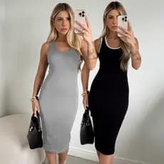 Kit 2 Vestidos Midi Feminino de Ribana Canelada Premium Casual Básico Vestido para Festas