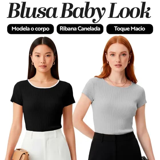 Kit 2 Blusas Baby Look Tee Femininas Ribana Premium Canelada T-Shirt Básica Justa Confortável Estilosa Moda Casual