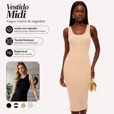Vestido Midi Feminino Ribana Canelada Inverno Básico Elegante Confortável Versátil Estiloso
