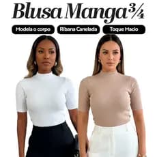 Kit 2 Blusas Gola Alta Ribana Canelada Manga 3/4 em Algodão - Camisa Básica Feminina Casual