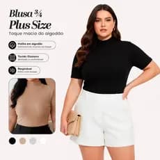 Blusa Gola Alta  Ribana Canelada Manga 3/4 em Algodão - Camisa Básica Feminina Casual