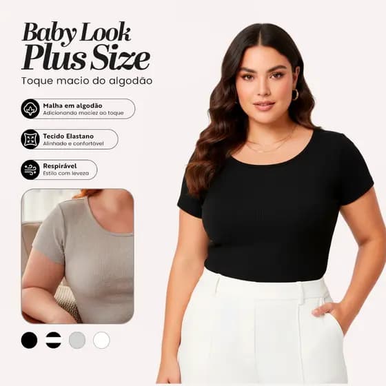 Blusa Feminina Plus Size Baby Look Ribana Premium Canelada Blusa Básica Elegante Flexível Leve Moda Dia a Dia Casual