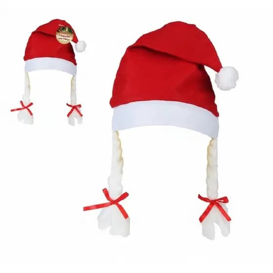 Touca Natalina com Trança Mamãe Noel 28x55cm Gorro de Natal Pompom Fantasia Festa