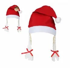 Touca Natalina com Trança Mamãe Noel 28x55cm Gorro de Natal Pompom Fantasia Festa