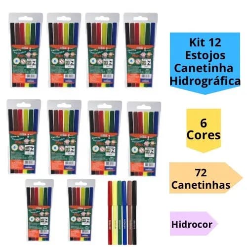 Kit 12 Estojos Canetinha Hidrográfica 6 Cores Hidrocor 72 Canetinhas Infantil Escolar Leo&Leo