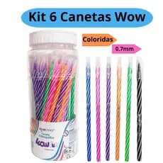 Kit 6 Caneta Wow Esferográfica 0.7 Coloridas e Preta