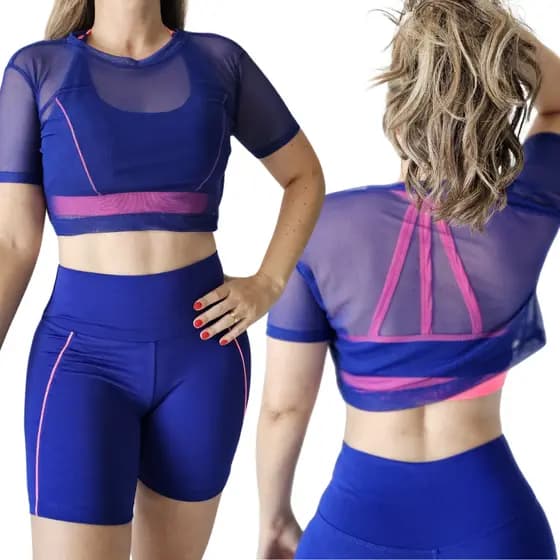 Cropped Tule Blusa Feminina Academia Fitness Transparente de Manga Moda Fitness Camiseta