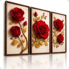 Quadro Decorativo Rosas Vermelhas 3 Pecas 30x50  Mosaico Abstrato Dourado Sala Quarto Luxo Parede