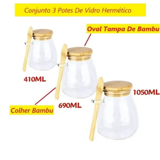 Potes De Vidro Hermético 230ML 410ML 690ML 1050ML Oval Tampa E Colher Bambu Para Organização