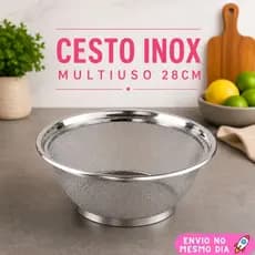 Cesto Cesta Escorredor Inox 28cm Multiuso Para Lavar Alimentos Arroz Massas Frutas Legumes
