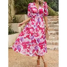 Vestido Feminino Verão 2024 Decote Em V Floral Impressão Robe Cintura-Shaping Maxi elegância Vermelho XL