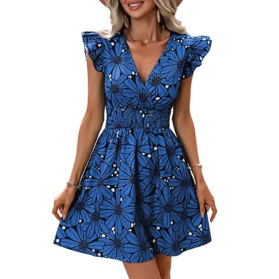 As Mulheres Se Vestem Com Decote Em V Floral Impressão Robe Sem Mangas Verão Estilo de rua Azul XL