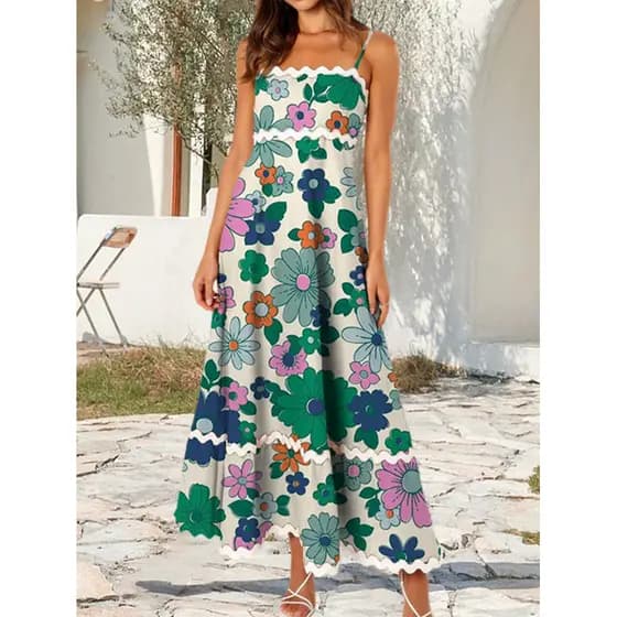 Womens Casual Deslizamento Vestido Sem Mangas Rendas emenda Verão Midi Vestido de Férias Vestido de lazer Verde XL
