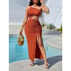 Novo Vestido Feminino De Verão De Cor Sólida, Na Moda, Com Um Único Ombro, Plissado, Oco E Com Cordão
