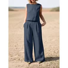 Duas Peças Roupas causais para Mulheres Verão Moda Sem Mangas Colete superior e Perna Larga Calças Compridas Terno combinando conjuntos Azul escuro XXXL
