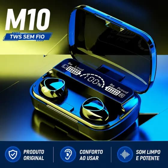 Fone Bluetooth M10 TWS 5.1/5.3 Estéreo com Power Bank Display LED IPX7 Gamer Sem Fio