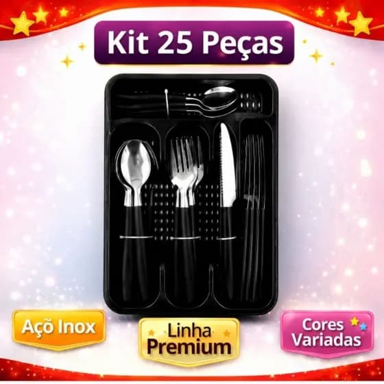 Kit Conjunto Talher Faqueiro com até 25 Peças Aço Inox Cozinha Com Suporte Para Gaveta - Preto - Vermelho - Rosa