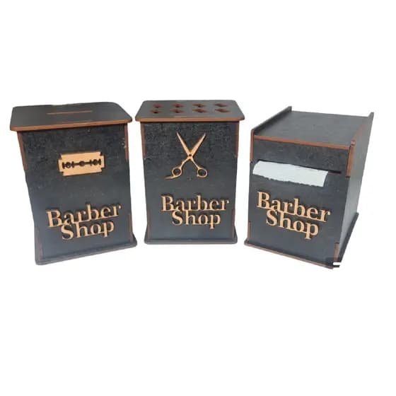 Kit Barbearia Para Bancada Profissional em MDF Preto Descarte de Lamina, Porta Tesoura e Porta Gola Envio Imediato