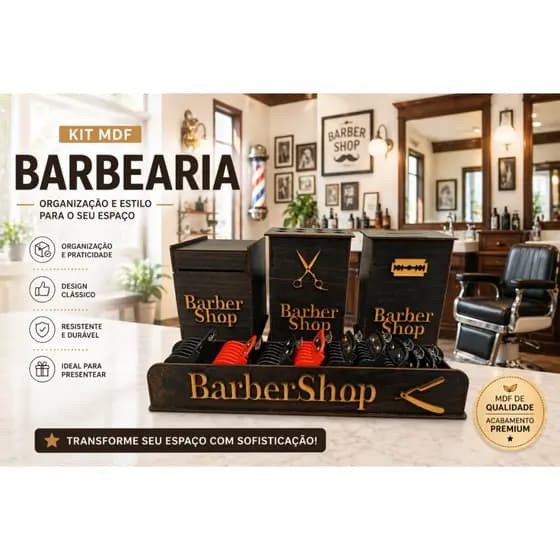 Kit Barbearia Para Bancada Profissional em MDF Preto Descarte de Lamina, Porta Tesoura, Porta Gola e Porta Pentes