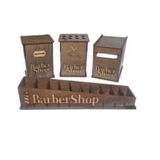 Kit Barbearia Para Bancada Profissional em MDF Descarte de Lamina, Porta Tesoura, Porta Gola e Porta Pentes