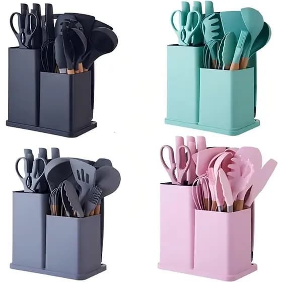 Kit 19 Utensílios de Cozinha Facas, Colheres e Pegador
