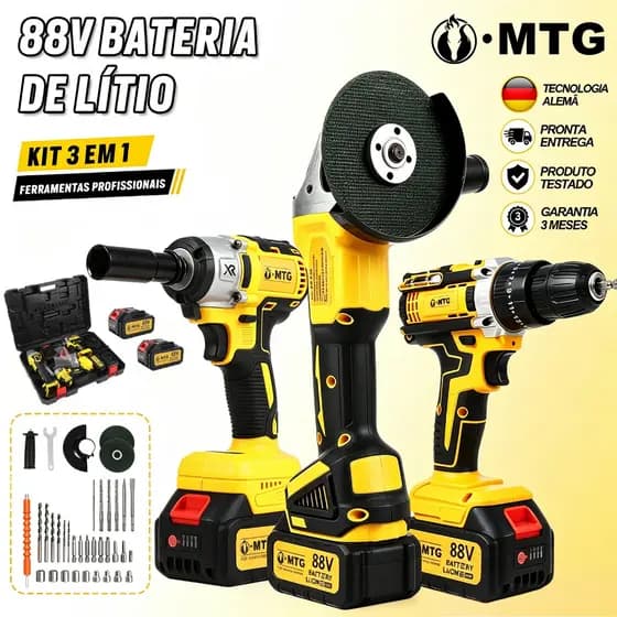 Kit MTG 3 Ferramentas 88V Furadeira, Chave de Impacto e Esmerilhadeira com 2 Baterias e Maleta