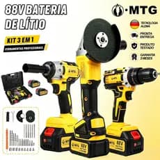 Kit MTG 3 Ferramentas 88V Furadeira, Chave de Impacto e Esmerilhadeira com 2 Baterias e Maleta